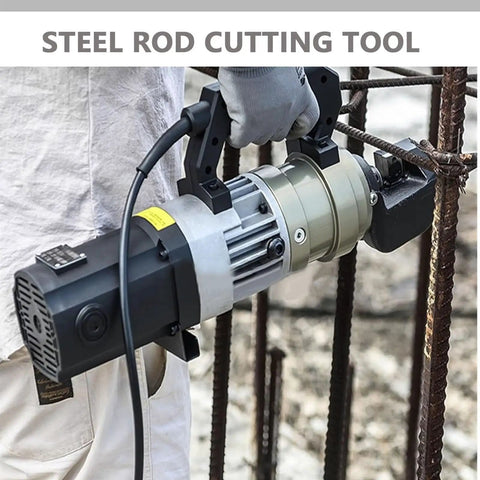 Heavy Duty 7/8 Inch Electric Hydraulic Rebar Cutter For Building Sites in use, cutting steel rods, portable tool, quick operation.