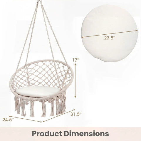 Macrame Hammock Chair Swing With Round Seat Cushion And Hardware Kit For Indoor Outdoor Use Boho Beige Hanging Chair 330 Lb Capacity