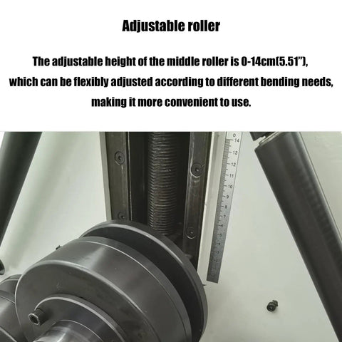 Heavy Duty Electric Three Roller Pinch Bend Machine With 2 Inch Rollers And 220V Power showcasing adjustable roller height from 0-14cm.
