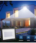 JUDYSSY 200W Led Flood Light illuminating a modern home at night, showcasing brightness and IP66 waterproof features.