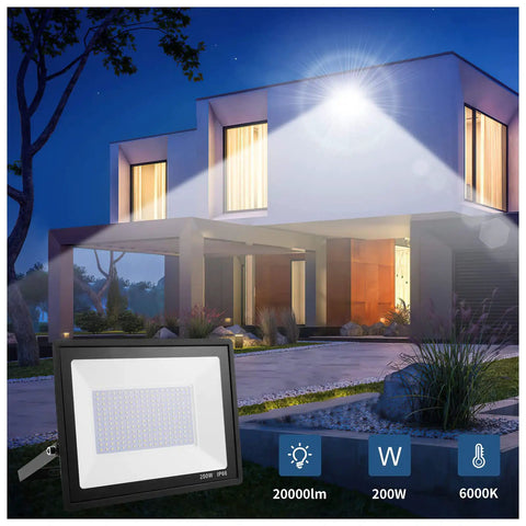 JUDYSSY 200W Led Flood Light illuminating a modern home at night, showcasing brightness and IP66 waterproof features.