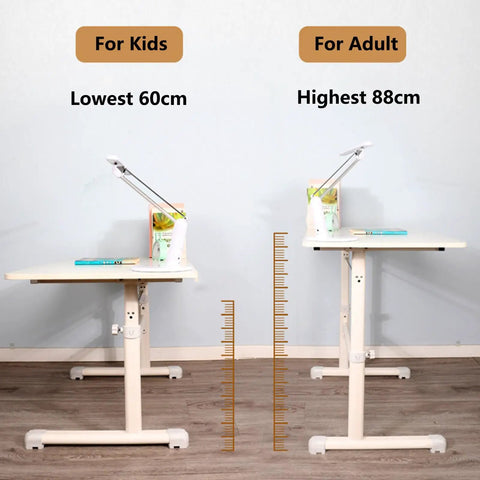 Rock Solid Manual Standing Desk With Easy Crank Adjustment Ergonomic Sit To Stand Workstation Table showing height adjustment for kids and adults.