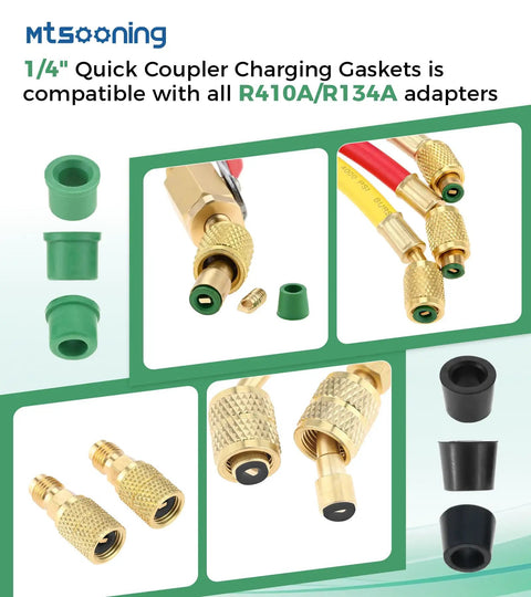 100 Pack One Quarter Inch Quick Coupler Charging Gaskets For HVAC Systems, Rubber Water And Oil Resistant Seals For Refrigeration High Pressure Lines, Durable Corrosion Resistant Gasket Set For Easy DIY Air Conditioning Maintenance. 1/4 inch HVAC gasket set shown with R410A/R134A adapters