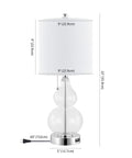 Chrome and Clear Cora Glass Table Lamp Set of 2 With USB Charging Port, 22 Inch tall lamp with white linen shade and LED bulb shown