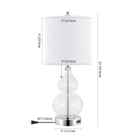 Chrome and Clear Cora Glass Table Lamp Set of 2 With USB Charging Port, 22 Inch tall lamp with white linen shade and LED bulb shown