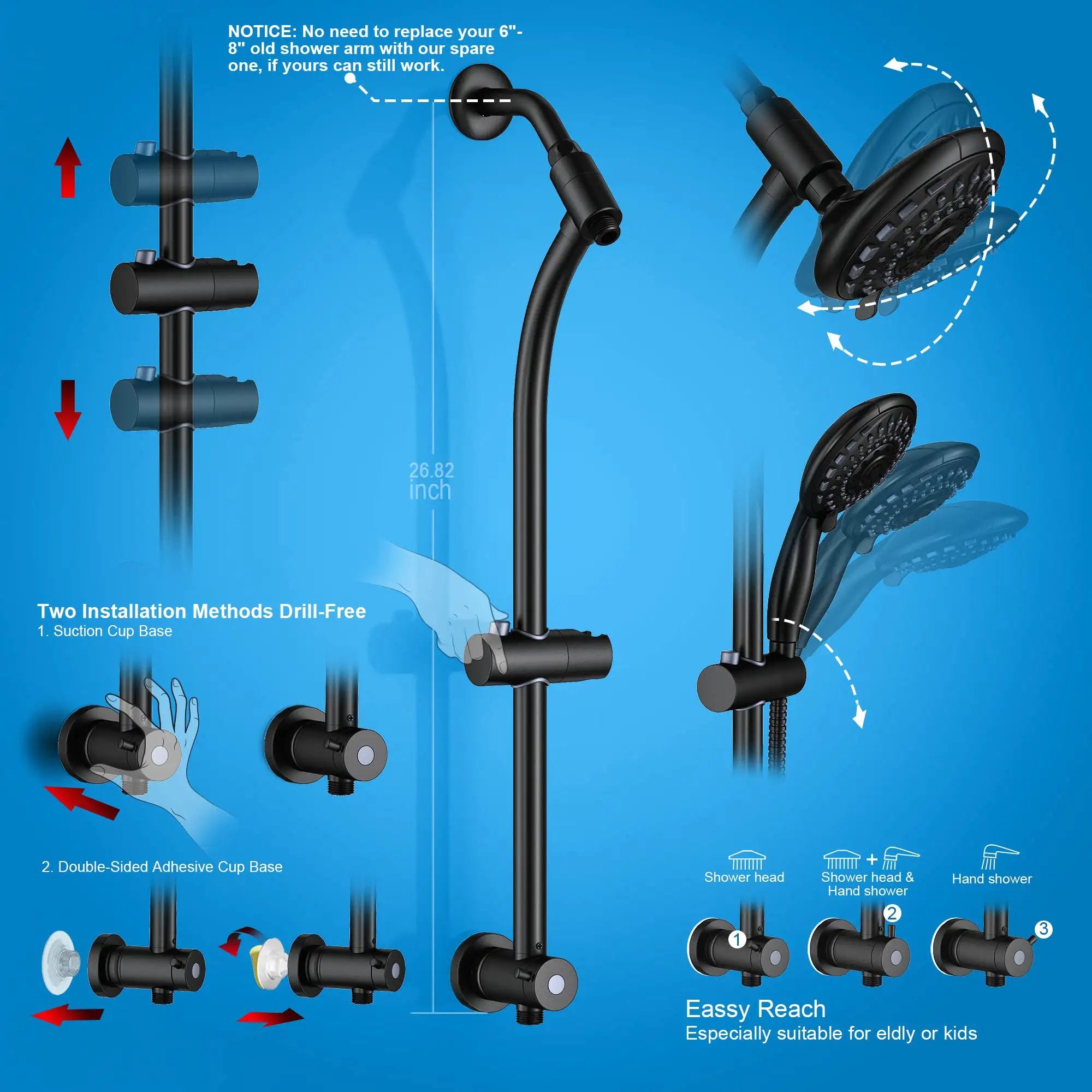Handheld Showerhead And Rain Shower Combo with Slide Bar ✓