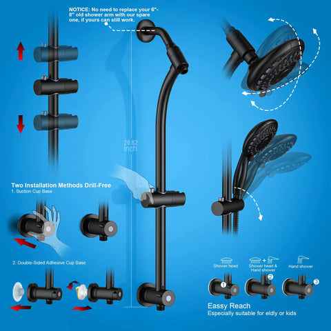 Handheld Showerhead And Rain Shower Combo With 27.5 Inch Drill-Free Stainless Steel Slide Bar 5-Setting Shower Head 5 Foot Hose No Tool Needed Install Easy Reach Shower System For Quick Bathroom Upgrade