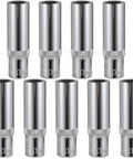 9-Piece 10mm 6-Point Deep Sockets Set For 1/4 Inch Drive, Beefy Heavy Duty Chrome Vanadium Steel arranged in rows.
