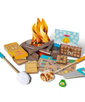 Campfire S'mores Pretend Play Set with 23-piece toy food kit for kids, showing toasted marshmallows, logs, and fire pit mat.