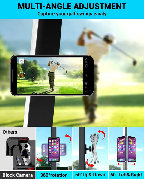 Heavy Duty Golf Cart Phone Mount With 360 Degree Rotation For Swing Analysis And Solid Shot Recording, golfer on screen