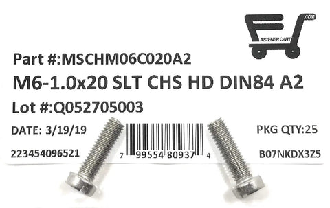 M6 X 20 Millimeter Stainless Steel Slotted Cheese Head Machine Screw A2 70 Hardware Pack of 25 displayed with barcode.