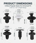 Diagram of 6 different sized clips from the 100 Piece Car Bumper Clips Kit With Plastic Rivets Fasteners And Push Retainers Universal Expansion Screws Auto Push Pin Rivet Set Removal Tool Included Heavy Duty Nylon ABS Black Fits Most Rides