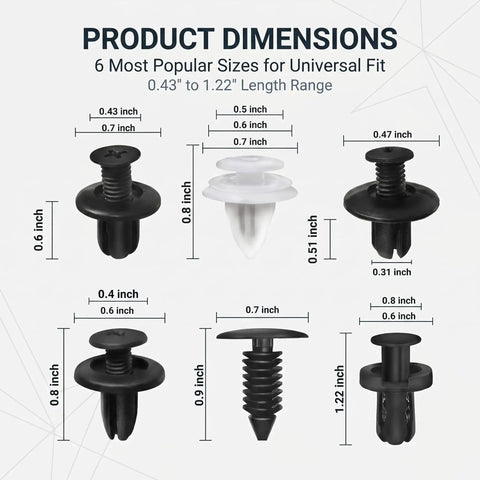 Diagram of 6 different sized clips from the 100 Piece Car Bumper Clips Kit With Plastic Rivets Fasteners And Push Retainers Universal Expansion Screws Auto Push Pin Rivet Set Removal Tool Included Heavy Duty Nylon ABS Black Fits Most Rides