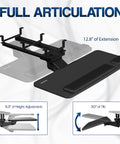 Smooth Gliding Under Desk Keyboard And Mouse Tray With Plush Foam Padding For Home Office Ergonomic Workstation Setup Adjustable Height and Easy Install with full articulation features.