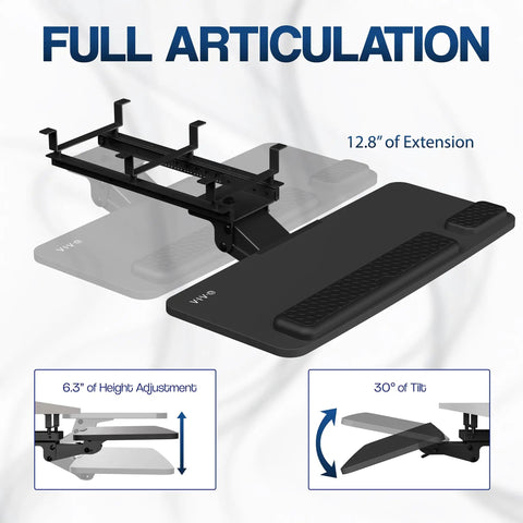 Smooth Gliding Under Desk Keyboard And Mouse Tray With Plush Foam Padding For Home Office Ergonomic Workstation Setup Adjustable Height and Easy Install with full articulation features.