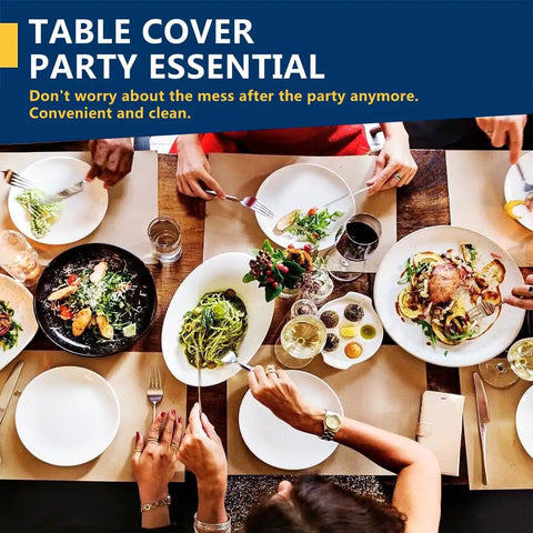 Top view of a dining table with plates of food and drinks on a brown kraft paper roll table cover, indicating a party setting.