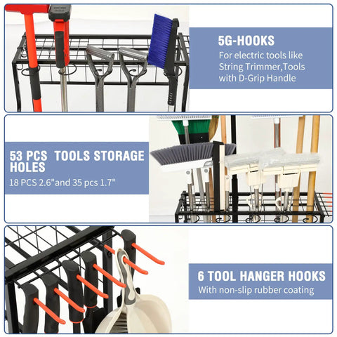 Beefy Heavy Duty Garden Tool Organizer with steel rack holding shovels, brooms, and hooks for electric tools in garage setup