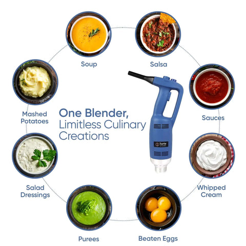 Heavy Duty Commercial Immersion Blender With 500 Watt Motor And 16 Inch Stainless Steel Shaft For Restaurants Handling Thick Soups And Creamy Sauces NSF Certified blending various culinary items like soup and salsa.