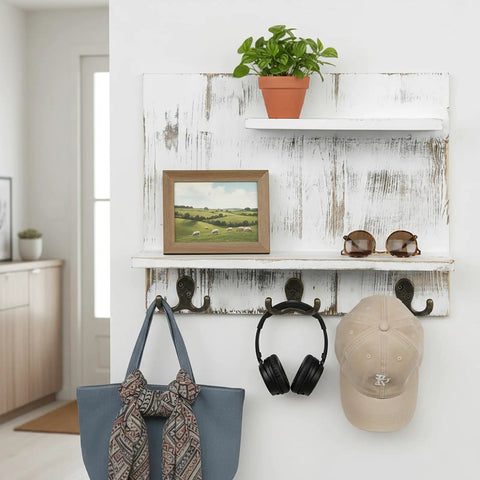 Two Tier Wall Mounted Floating Shelf In Whitewashed Solid Wood With Six Antique Brass Hooks For Towels And Accessories