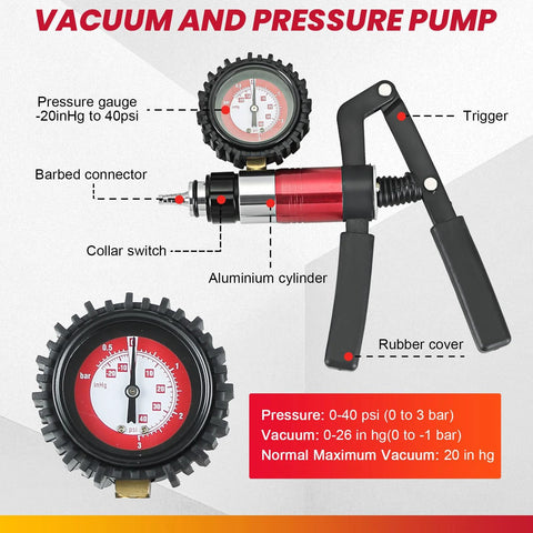 DASBET vacuum and pressure pump tester set with gauge for automotive brake bleeding; aluminum cylinder, red body.