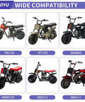 Image showing mini bikes compatible with Mini Bike Exhaust Header Pipe Kit Drop In For Motovox MBX10 MBX11 MBX12 Monster Mega Moto MMB80 MMB105 Coleman RB100 RT100 And Lifan 79cc 105cc Engines Fits Chinese Lifan 1523 And Similar Mini Bike Applications.