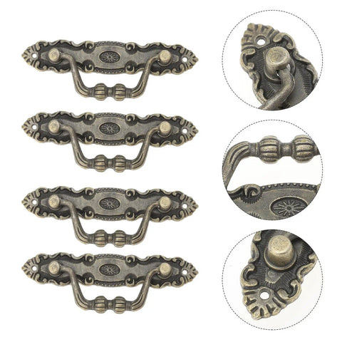 Four Pack Vintage Cabinet Pulls And Wardrobe Knobs Set Antique Zinc Alloy Drawer Handles For Kitchen Cabinets Dressers And Furniture Rustic Retro Hardware Built For Easy Home Renovation close-up detail