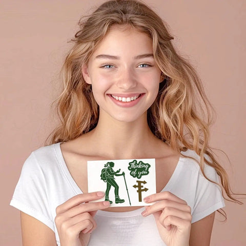 Must Have Mountain Camping Climbers Cutting Dies Set card with silhouette of climber and road sign held by a smiling woman