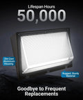 12 Pack 120W LED Wall Pack Outdoor Dusk To Dawn Photocell Security Lighting with rugged die-cast aluminum housing, 50000 lifespan hours.