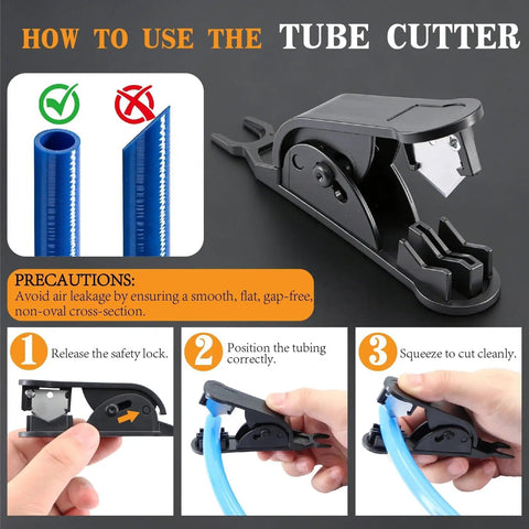 How to use the tube cutter, showing steps with blue tubing, safety lock, and cutting blade for plastic hose
