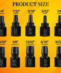 Heavy Duty 10 Piece Screw Extractor Set With Hex Head Easy Out Bolts Extractor Kit size chart displaying 1/8 to 13/32 inch sizes