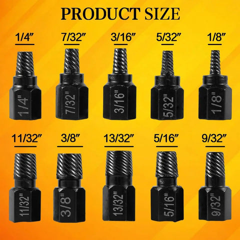 Heavy Duty 10 Piece Screw Extractor Set With Hex Head Easy Out Bolts Extractor Kit size chart displaying 1/8 to 13/32 inch sizes