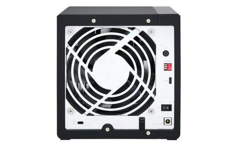 Back view of 4 Bay Usb Type C Direct Attached Storage Enclosure featuring cooling fan and connectivity ports.