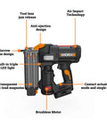 Heavy Duty Cordless Brad Nailer Fueled By 20V Brushless Motor And 18 Gauge Specs with tool-less jam release and LED light.