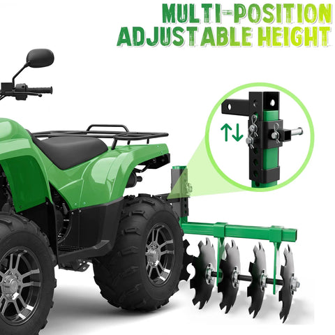 Tow Behind Disc Harrow Attachment For ATVs And UTVs With 12-Inch Steel Discs, 2-Inch Receiver Hitch, Adjustable Height, Green