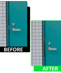 Before and after image showing Heavy Duty Outswing Door Latch Guard Cover Kickproof Black Steel Striker Plate installation.