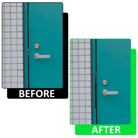 Before and after image showing Heavy Duty Outswing Door Latch Guard Cover Kickproof Black Steel Striker Plate installation.