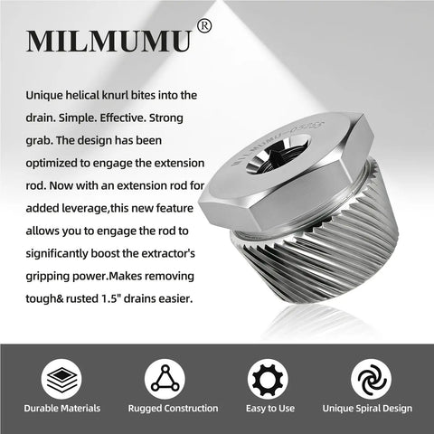 Heavy Duty Tub Drain Extractor Kicks Out Stubborn Bathroom Clogs Fast Fits 1.52 To 1.70 Inches with helical knurl grip.