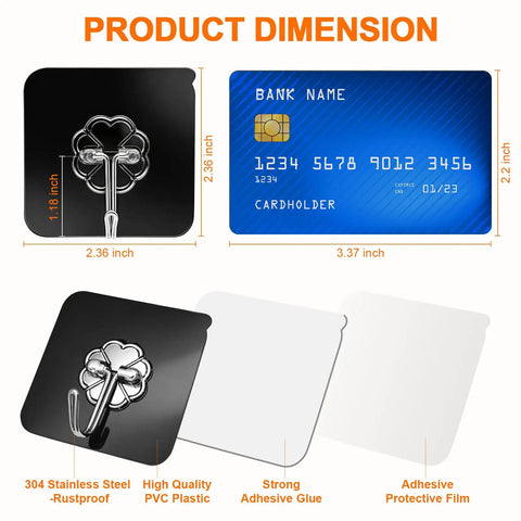 Dimensions and components of Heavy Duty Adhesive Hooks Up To 50 LB Matte Black Wall Hangers, showing rustproof stainless steel and adhesive film.