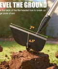 Heavy Duty Draw Hoe For Weeding And Tilling, 66 Inch Long Handle Garden Tool leveling soil with sharp blade, 7x4.5 inch dimensions.