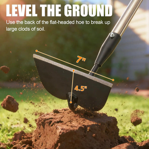 Heavy Duty Draw Hoe For Weeding And Tilling, 66 Inch Long Handle Garden Tool leveling soil with sharp blade, 7x4.5 inch dimensions.