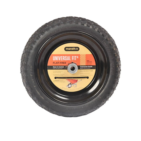 No Flat Universal Fit Wheelbarrow Tire And Wheel Assembly With Adapter Kit, 14.5 Inch Solid Polyurethane Foam, front view