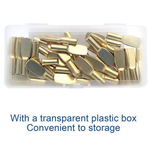 Heavy Duty Gold Plated Shelf Pegs 30 Piece Set 6mm Spoon Support Pins in transparent box for convenient storage.