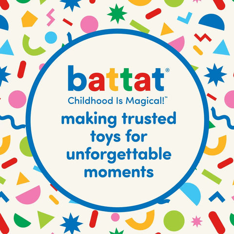 Colorful Battat logo with slogan 'making trusted toys for unforgettable moments' surrounded by playful shapes.