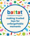 Colorful background with shapes featuring text about making trusted toys for unforgettable moments.