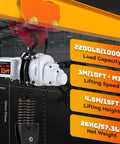 Heavy Duty Electric Chain Hoist 1 Ton, 2200 Lb Capacity, 1300W Motor, 15 Ft Lift Height, visible controls and dimensions.