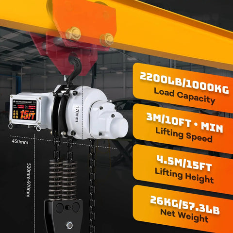 Heavy Duty Electric Chain Hoist 1 Ton, 2200 Lb Capacity, 1300W Motor, 15 Ft Lift Height, visible controls and dimensions.
