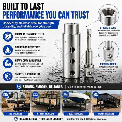 Heavy Duty Trailer Jack Drill Adapter With One Inch Shaft And Half Inch Socket For Standard Drills Locks Dead Tight On One Inch Spindles, detailed stainless steel design.
