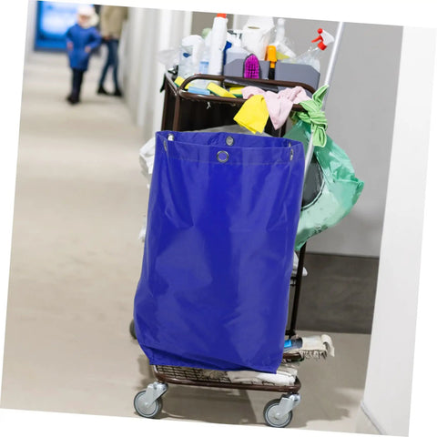 Heavy Duty Janitorial Cart Bag For Cleaning Crew Spacious Canvas Organizer For Housekeeping Gardens And Factories Replacement Bag Built Tough Interior Storage And Reusable Design. blue canvas cart bag on cleaning trolley