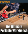 Man using circular saw on foldable 24 x 48 inch workbench tabletop with carrying bag, pre drilled dog holes, quick insert locks.