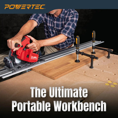 Man using circular saw on foldable 24 x 48 inch workbench tabletop with carrying bag, pre drilled dog holes, quick insert locks.